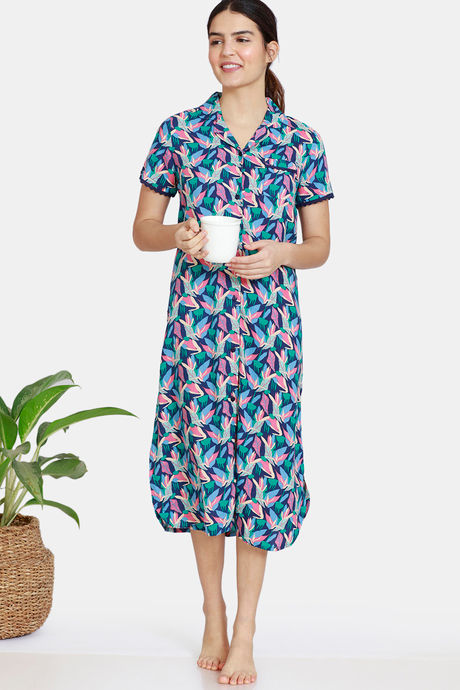 Zivame Pretty Floral Woven Mid Calf Length Nighty - Medieval Blue — image 4